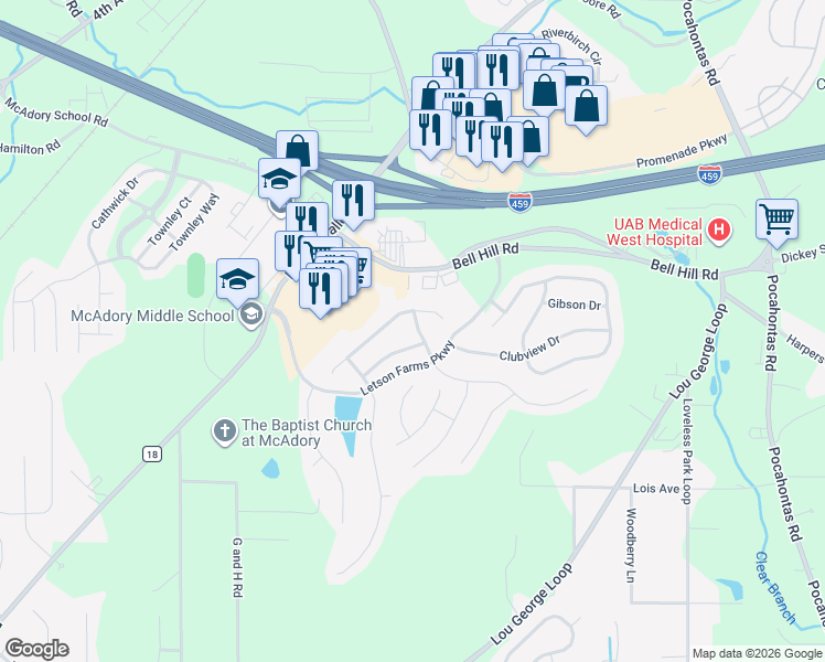 map of restaurants, bars, coffee shops, grocery stores, and more near 4733 Longmeadow Drive in Bessemer