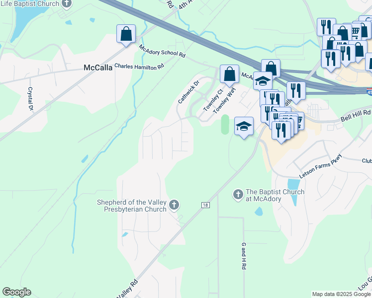 map of restaurants, bars, coffee shops, grocery stores, and more near 6305 Cathwick Court in McCalla