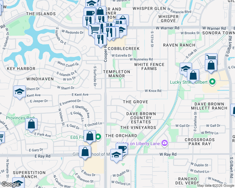 map of restaurants, bars, coffee shops, grocery stores, and more near 725 West Sherri Drive in Gilbert