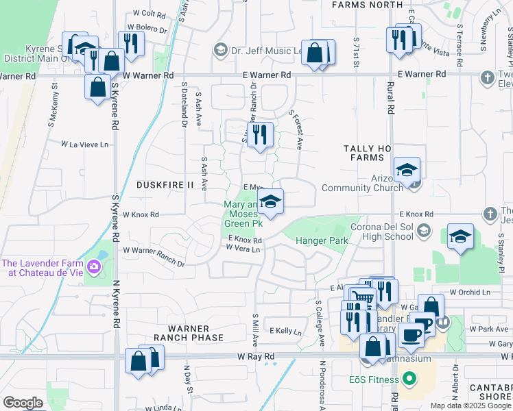 map of restaurants, bars, coffee shops, grocery stores, and more near 160 East Knox Road in Tempe