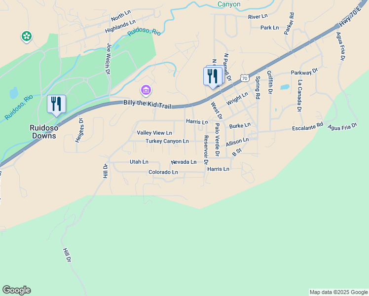 map of restaurants, bars, coffee shops, grocery stores, and more near 305-399 2nd Street in Ruidoso Downs