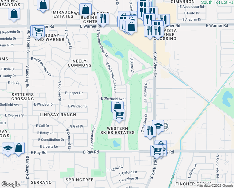map of restaurants, bars, coffee shops, grocery stores, and more near 1375 East Black Diamond Drive in Gilbert