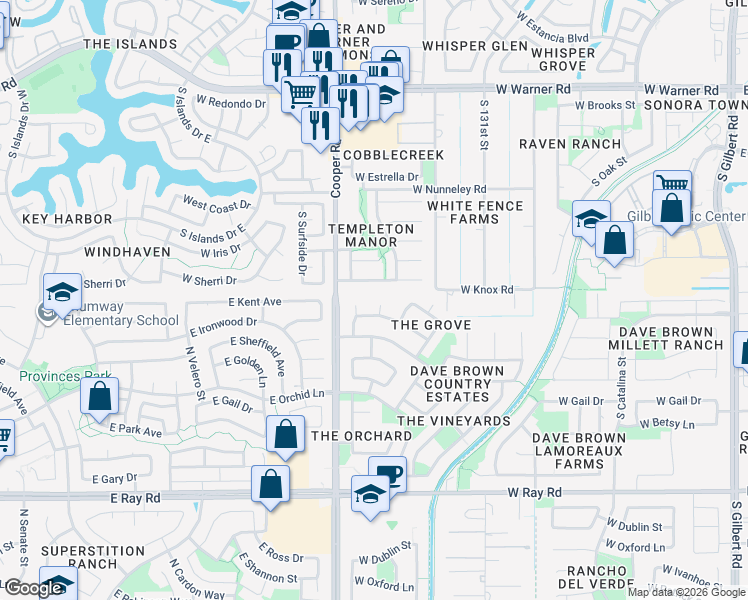 map of restaurants, bars, coffee shops, grocery stores, and more near 725 West Sherri Drive in Gilbert