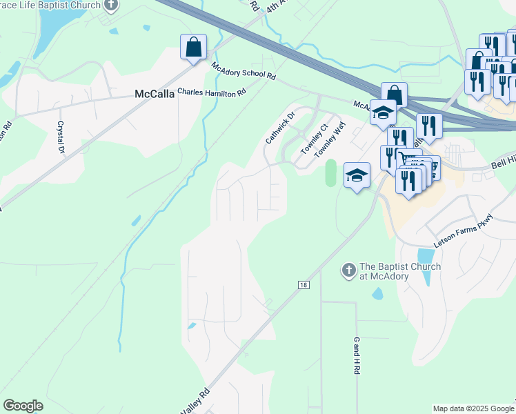 map of restaurants, bars, coffee shops, grocery stores, and more near 6251 Cathwick Drive in McCalla