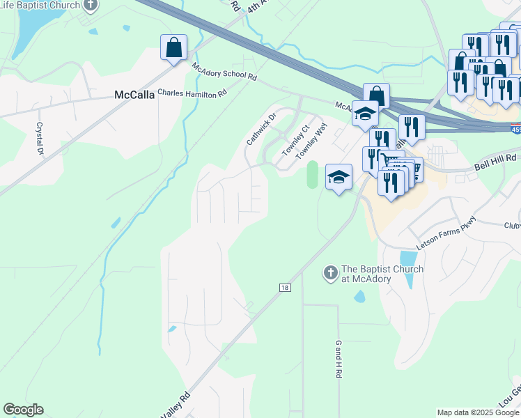 map of restaurants, bars, coffee shops, grocery stores, and more near 6305 Cathwick Court in McCalla