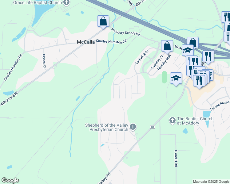 map of restaurants, bars, coffee shops, grocery stores, and more near 5864 Cheshire Cove Trail in McCalla