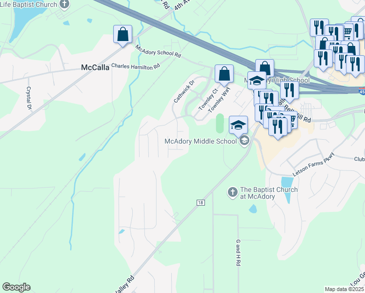 map of restaurants, bars, coffee shops, grocery stores, and more near 6559 Cathwick Way in McCalla