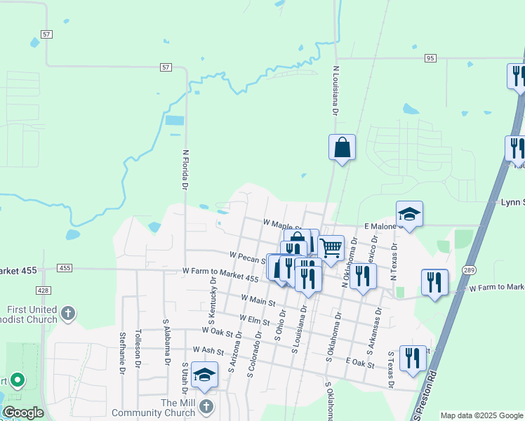 map of restaurants, bars, coffee shops, grocery stores, and more near 416 North Arizona Drive in Celina