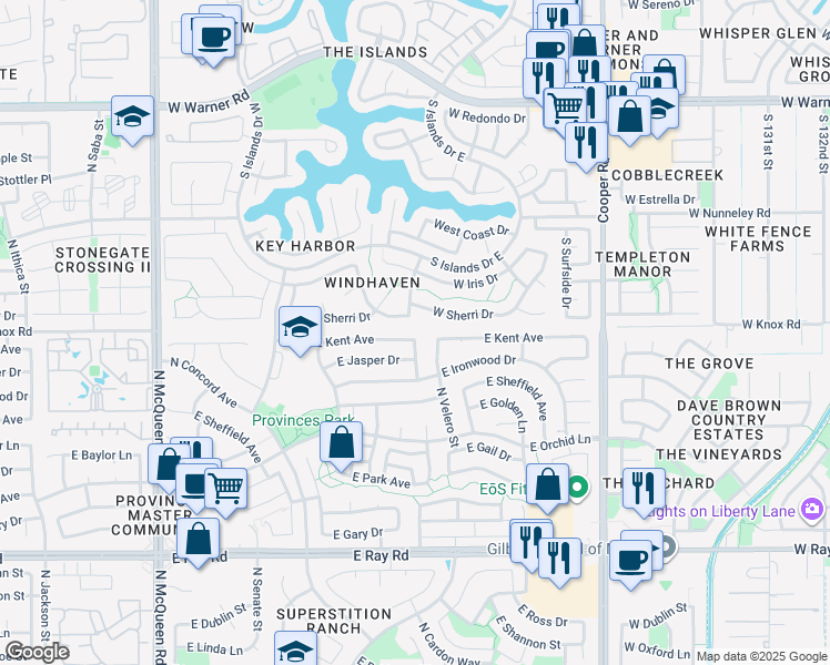 map of restaurants, bars, coffee shops, grocery stores, and more near 1108 West Sherri Drive in Gilbert
