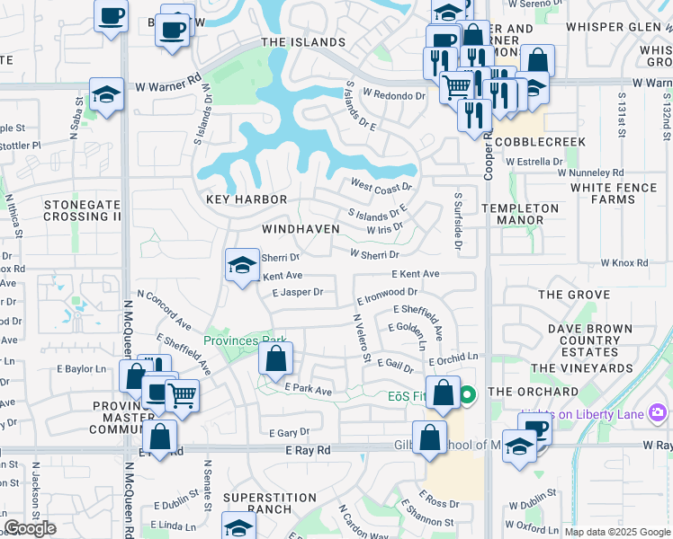 map of restaurants, bars, coffee shops, grocery stores, and more near 1108 West Sherri Drive in Gilbert