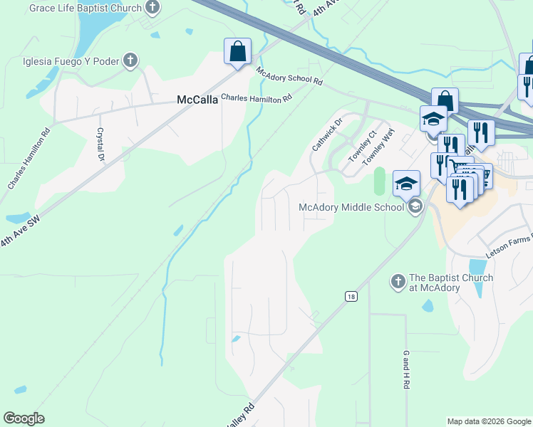 map of restaurants, bars, coffee shops, grocery stores, and more near 5849 Cheshire Cove Trail in McCalla