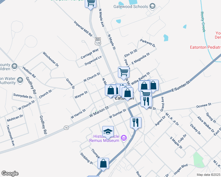 map of restaurants, bars, coffee shops, grocery stores, and more near 204 North Madison Avenue in Eatonton
