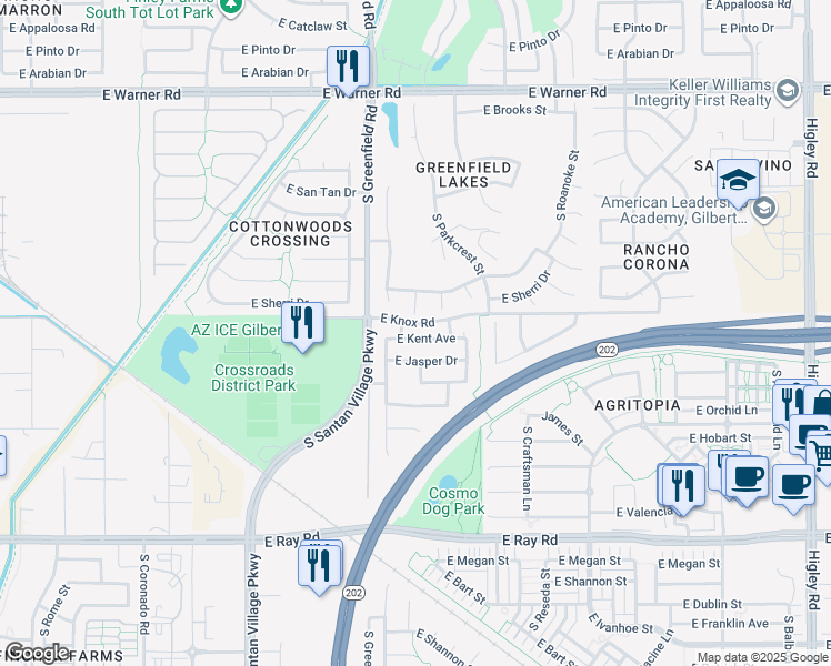 map of restaurants, bars, coffee shops, grocery stores, and more near 2490 East Kent Avenue in Gilbert