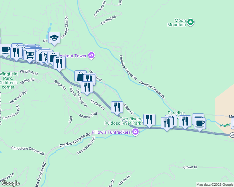 map of restaurants, bars, coffee shops, grocery stores, and more near 212 River Trail in Ruidoso