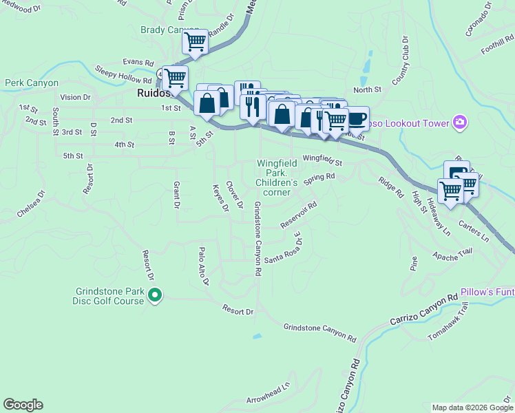 map of restaurants, bars, coffee shops, grocery stores, and more near 305 Grindstone Canyon Road in Ruidoso