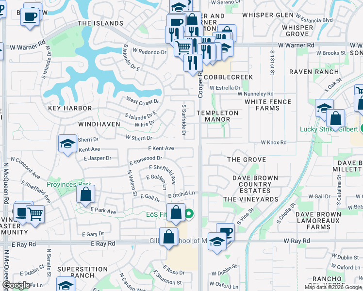 map of restaurants, bars, coffee shops, grocery stores, and more near 1880 East Kent Avenue in Chandler