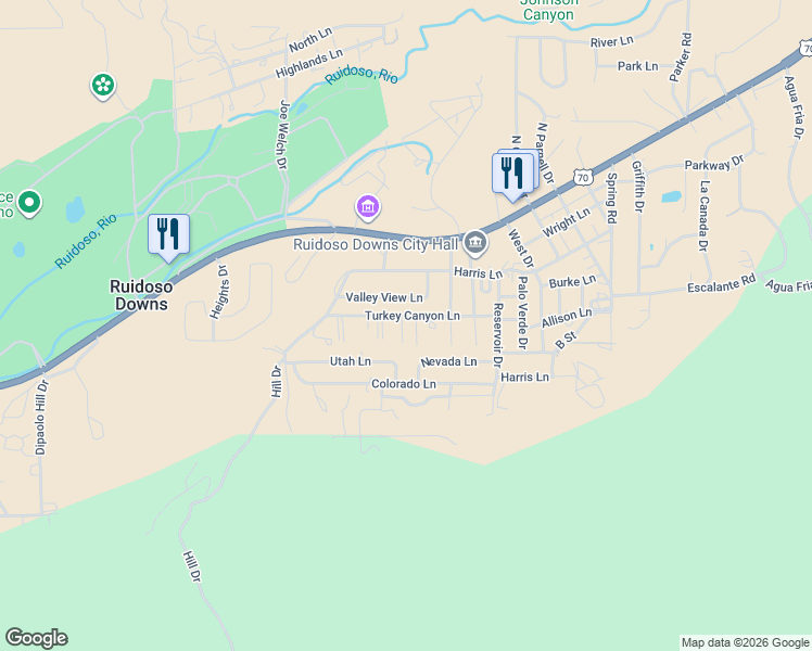 map of restaurants, bars, coffee shops, grocery stores, and more near 212 Turkey Canyon Lane in Ruidoso Downs
