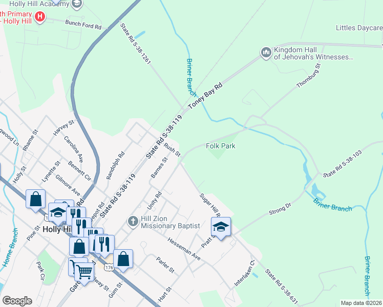map of restaurants, bars, coffee shops, grocery stores, and more near 782 Rush Street in Holly Hill
