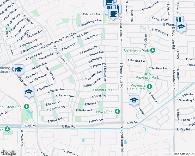 map of restaurants, bars, coffee shops, grocery stores, and more near 10627 East Lumiere Avenue in Mesa