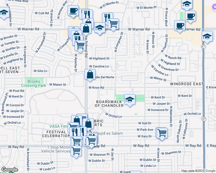 map of restaurants, bars, coffee shops, grocery stores, and more near 1415 North Pleasant Drive in Chandler