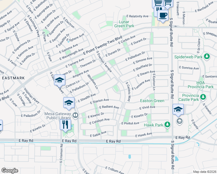 map of restaurants, bars, coffee shops, grocery stores, and more near 10339 Bergeron Avenue in Mesa