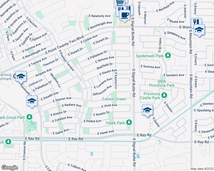 map of restaurants, bars, coffee shops, grocery stores, and more near 10627 East Lumiere Avenue in Mesa