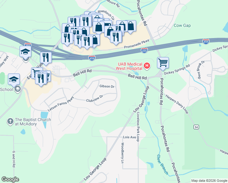 map of restaurants, bars, coffee shops, grocery stores, and more near 4568 Gibson Drive in Bessemer