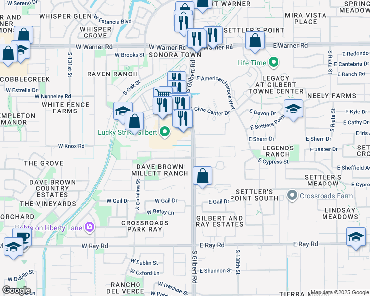 map of restaurants, bars, coffee shops, grocery stores, and more near 30 West Jasper Drive in Gilbert