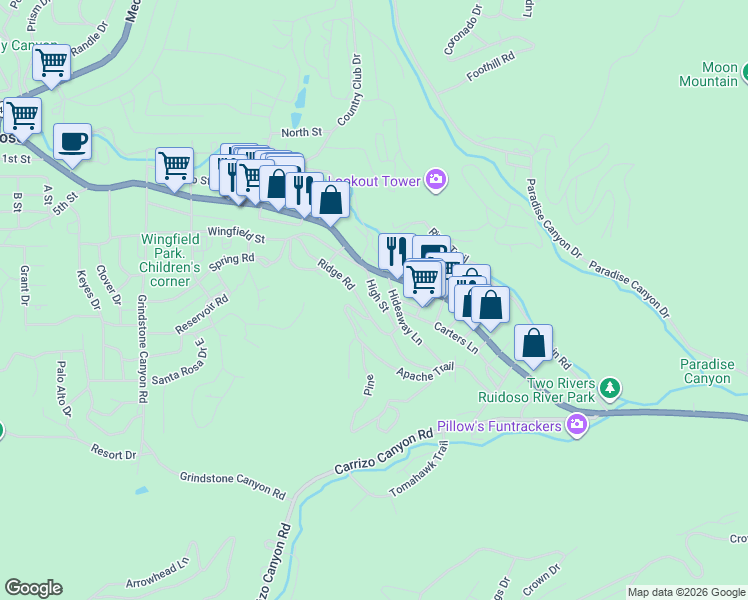 map of restaurants, bars, coffee shops, grocery stores, and more near 112 Hideaway Lane in Ruidoso