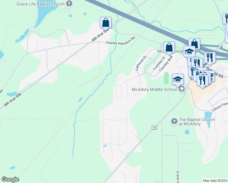 map of restaurants, bars, coffee shops, grocery stores, and more near 5861 Cheshire Cove Trail in McCalla