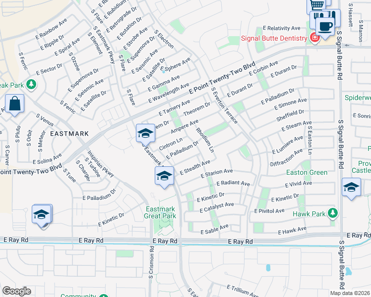 map of restaurants, bars, coffee shops, grocery stores, and more near 10152 Palladium Drive in Mesa