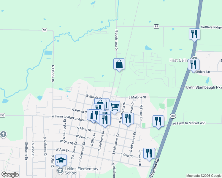 map of restaurants, bars, coffee shops, grocery stores, and more near 606 North Louisiana Drive in Celina