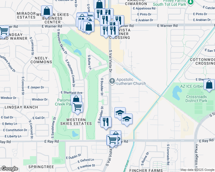 map of restaurants, bars, coffee shops, grocery stores, and more near 1190 South Red Rock Court in Gilbert
