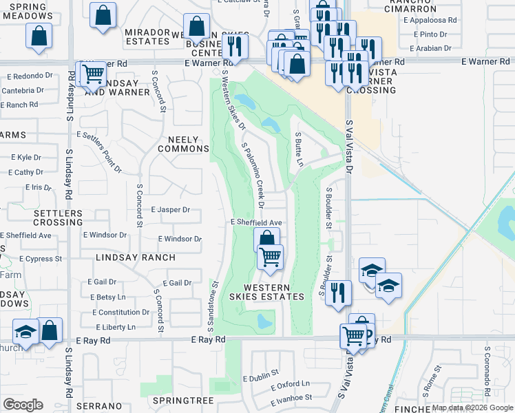 map of restaurants, bars, coffee shops, grocery stores, and more near 1196 South Palomino Creek Drive in Gilbert