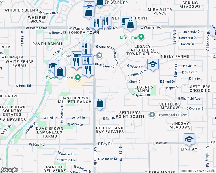map of restaurants, bars, coffee shops, grocery stores, and more near 1219 South Gilbert Road in Gilbert
