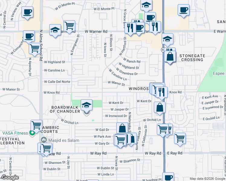 map of restaurants, bars, coffee shops, grocery stores, and more near 530 West Myrna Lane in Chandler