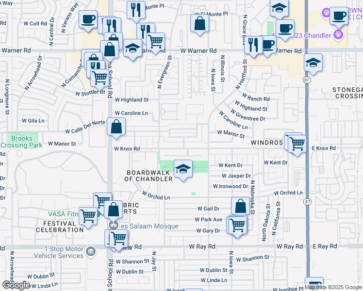 map of restaurants, bars, coffee shops, grocery stores, and more near 717 West Manor Street in Chandler