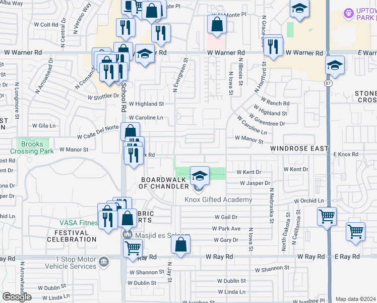 map of restaurants, bars, coffee shops, grocery stores, and more near 717 West Manor Street in Chandler