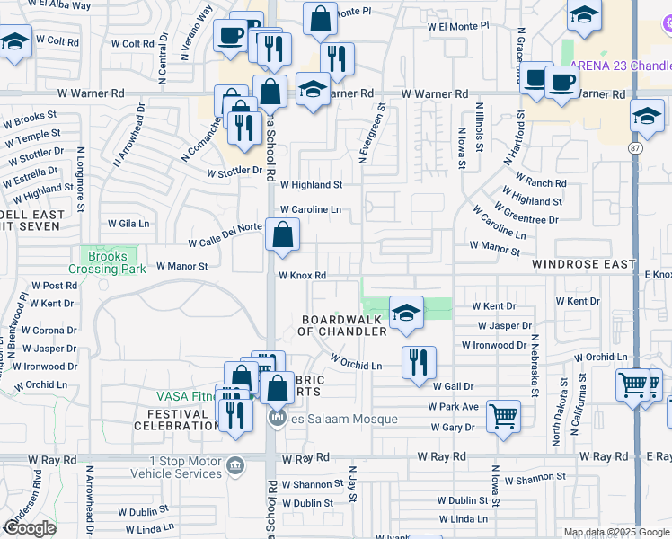 map of restaurants, bars, coffee shops, grocery stores, and more near 1415 North Pleasant Drive in Chandler