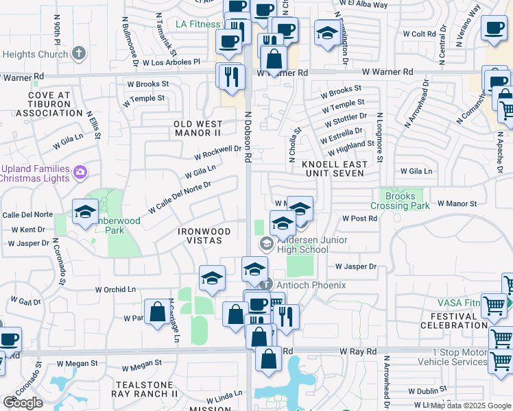map of restaurants, bars, coffee shops, grocery stores, and more near 1405 North Dobson Road in Chandler
