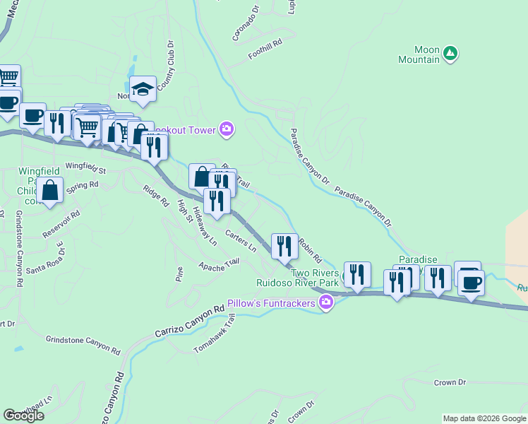 map of restaurants, bars, coffee shops, grocery stores, and more near 212 River Trail in Ruidoso