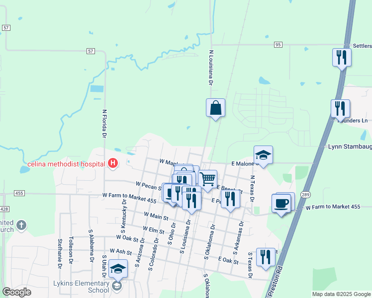 map of restaurants, bars, coffee shops, grocery stores, and more near 602 North Ohio Street in Celina