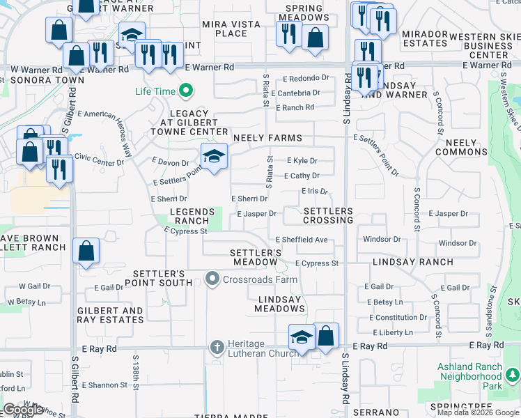 map of restaurants, bars, coffee shops, grocery stores, and more near 543 East Sherri Drive in Gilbert