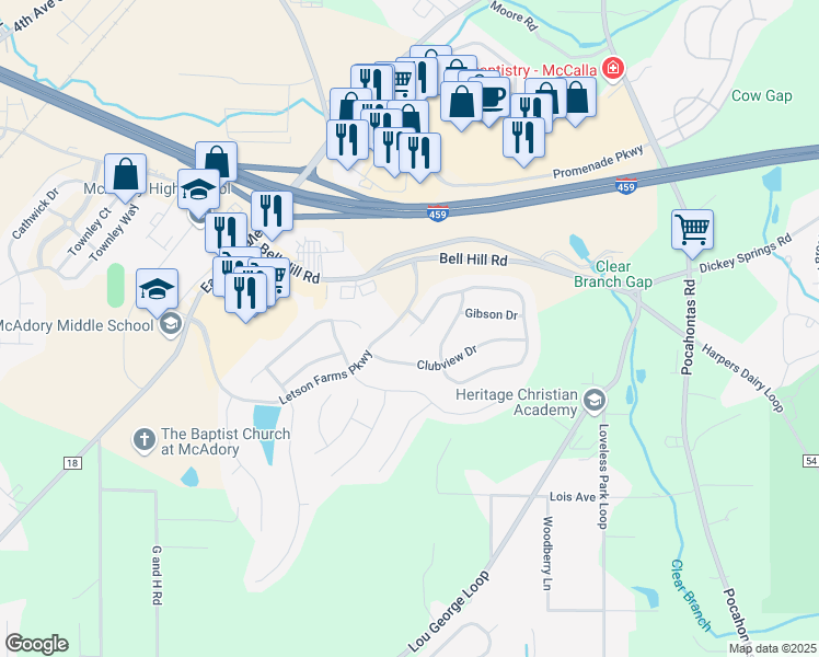 map of restaurants, bars, coffee shops, grocery stores, and more near 4657 Nicholas Drive in Bessemer