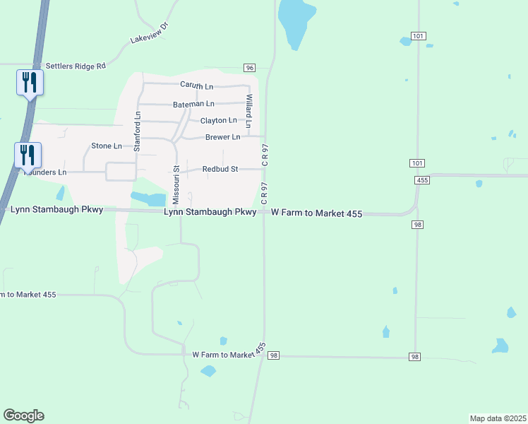 map of restaurants, bars, coffee shops, grocery stores, and more near Farm to Market 455 in Celina