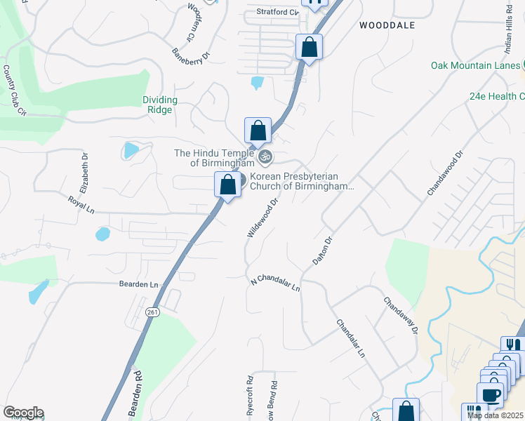 map of restaurants, bars, coffee shops, grocery stores, and more near 3461 Wildewood Drive in Pelham