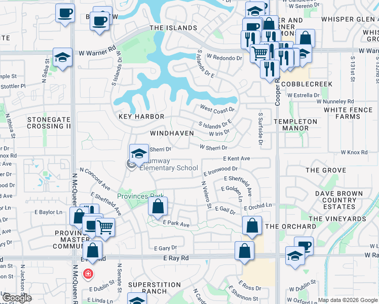 map of restaurants, bars, coffee shops, grocery stores, and more near 1108 West Sherri Drive in Gilbert