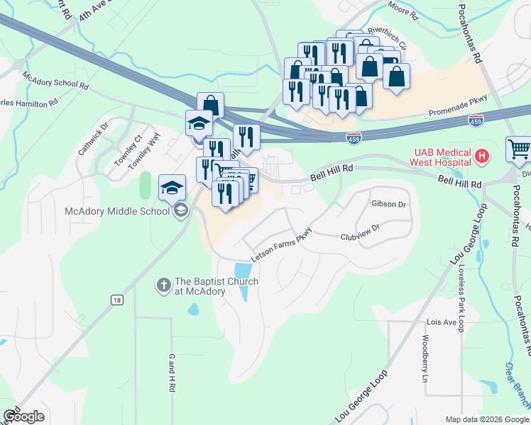 map of restaurants, bars, coffee shops, grocery stores, and more near 4773 Longmeadow Drive in Bessemer
