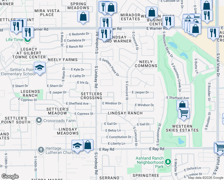 map of restaurants, bars, coffee shops, grocery stores, and more near 911 East Sherri Drive in Gilbert