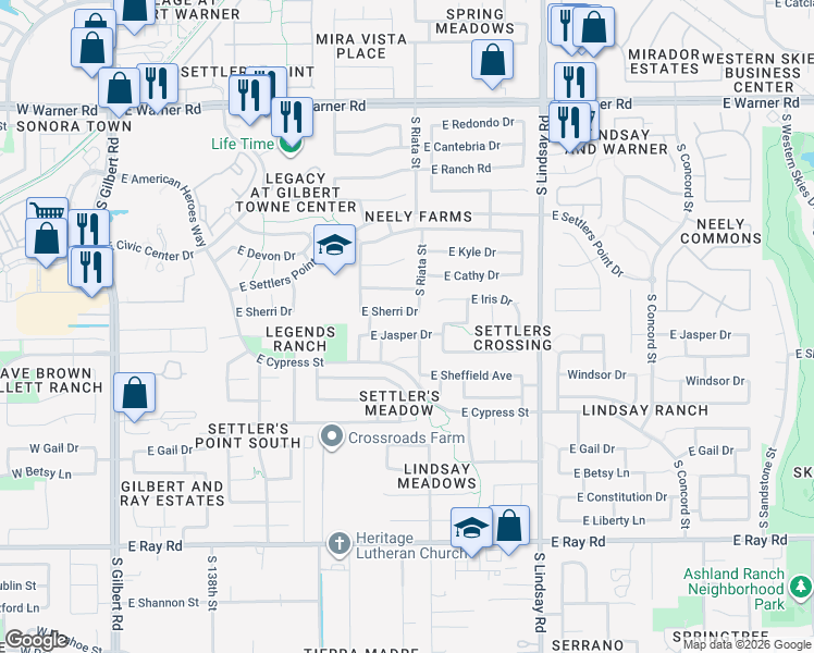 map of restaurants, bars, coffee shops, grocery stores, and more near 543 East Sherri Drive in Gilbert